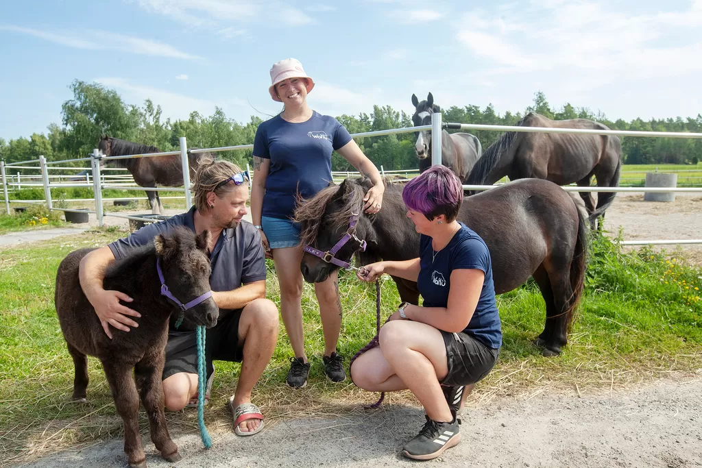 Juho ja Laura Heino sekä Elina Lehtiranta toivovat, että yksinäisyyttä kokevat lapset saisivat onnistumisen elämyksiä tallilla järjestetyllä kurssilla.